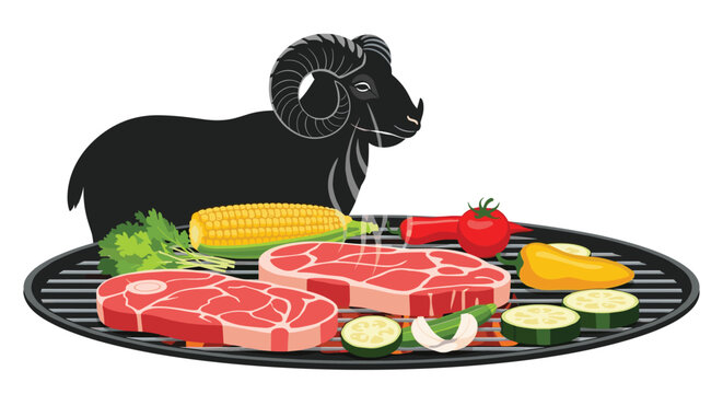 Black ram silhouette behind a charcoal grill filled with raw steaks and fresh vegetables like corn, zucchini, and peppers.