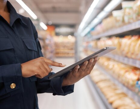 Woman in Supermarket Uses Tablet to Check Inventory and Shop.