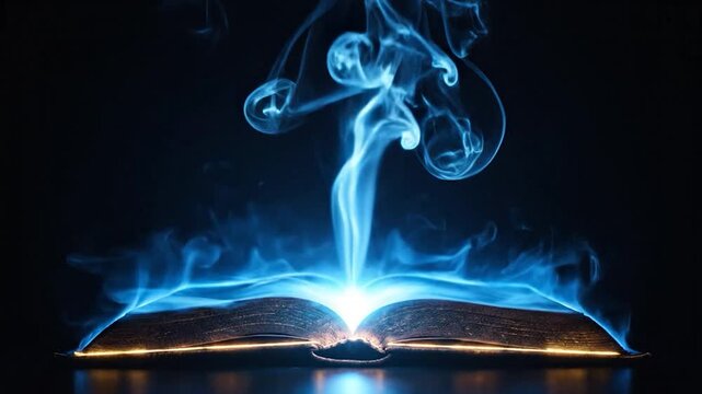 Mystical ancient book opens releasing ethereal blue smoke and bright light symbolizing magic knowledge and fantasy stories on dark background cinematic motion footage.