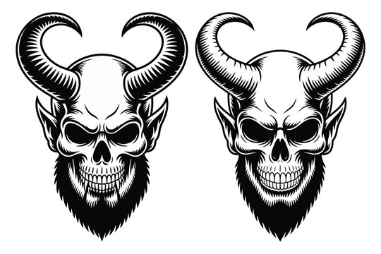 Two detailed devil skull with large horns and beards on a white background demon