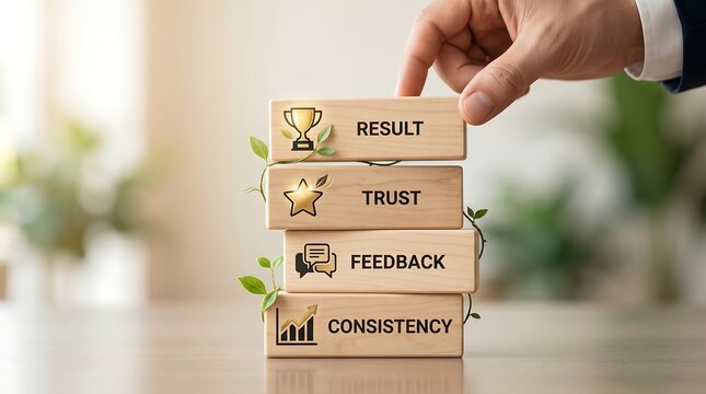 Hand stacking wooden blocks representing business growth, from consistency and feedback to trust and achieving successful results.