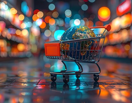 A miniature shopping cart holds a small Earth on a shiny surface