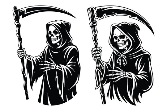 Two black silhouettes of grim reapers holding scythes with hooded cloaks on white background