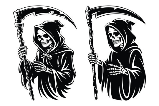 Two black silhouettes of grim reapers holding scythes with hooded cloaks on white background