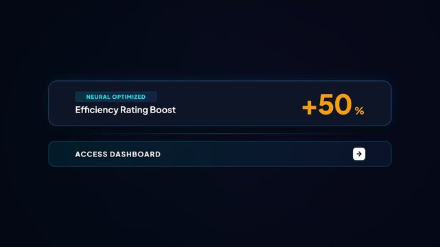 Animated efficiency rating boost graph with percentage increase, neural optimized progress bar, and access dashboard button on dark background, symbolizing business growth