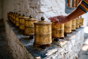 Naklejka premium Collection of Gold-colored Tibetan prayer cylindrical drums placed on stone ledge outdoors with a person reaching for one