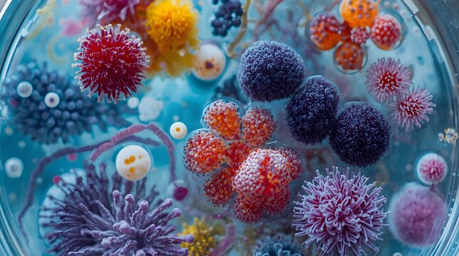 Artistic microbial culture colonies growing in a petri dish, scientific background
