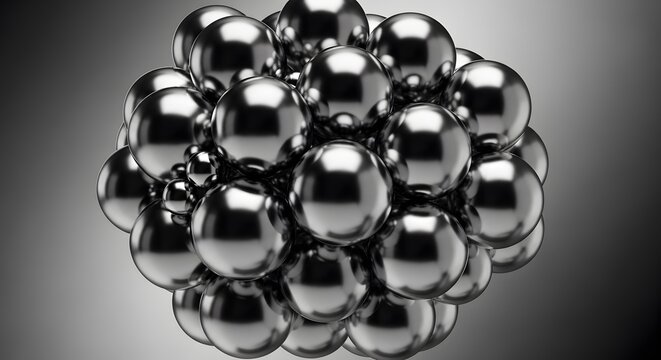 Abstract cluster of shiny metallic spheres and chrome balls in 3D rendering