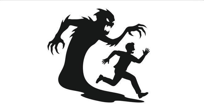 Silhouette of a man running from monster.