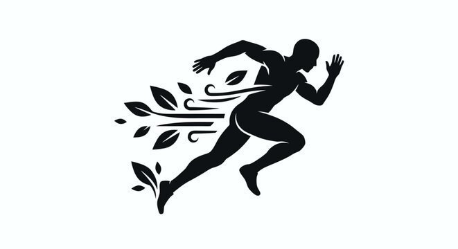 a black silhouette of a running man with leaves.