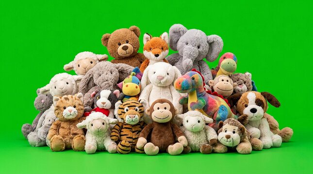 Pile of assorted cute plush animal stuffed toys including teddy bears elephant monkey tiger and dinosaur isolated on green screen for children entertainment retail marketing collection