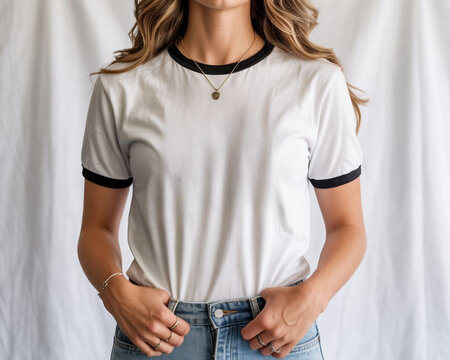 Casual young woman posing in cream color ringer t-shirt with navy blue trim in home bedroom setting wearing summer clothes fashion apparel style looking soft comfortable everyday clothing for women.