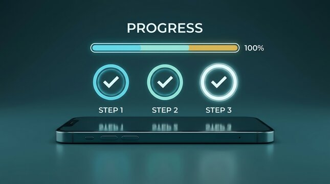 Smartphone displays a progress bar and three completed steps with checkmarks, symbolizing successful task completion and digital achievement.