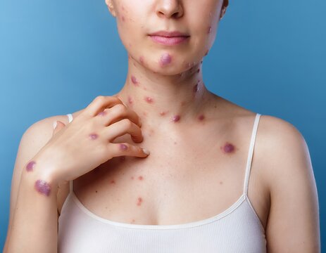 Woman with skin condition scratching her neck and chest, medical concept.
