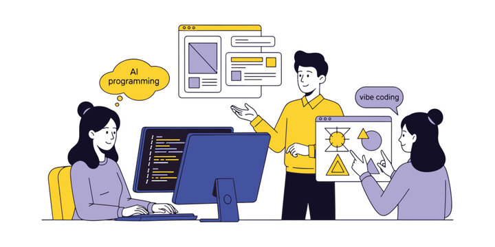 Collaborative Team of Developers Coding Together at Monitors During Web Design and UI/UX Presentation