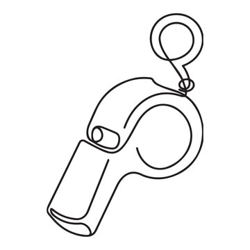 Minimalist continuous line drawing of a sports whistle with a ring, isolated on white background, vector illustration representing referee, coaching, signaling, and authority in sports and games.
