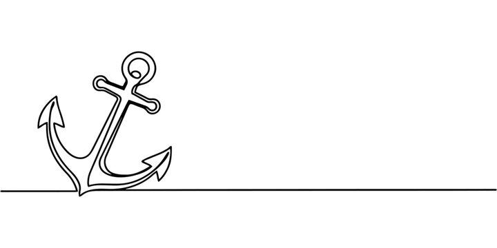 anchor resting  continuous one line drawing, Anchor hanging on wavy line in minimalist nautical line art, none editable strokes, Simple one line drawing of a metal ship anchor resting on calm ocean 