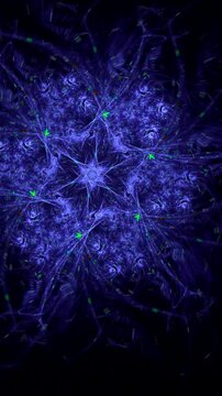 Blue floral swirling glowing pattern on black background. Vertical abstract fractal video.