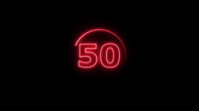 Neon bright glowing countdown timer from 55 to 0 seconds. Neon glowing countdown timer 55 second animation. Neon Countdown on black background. Neon bright glowing countdown timer