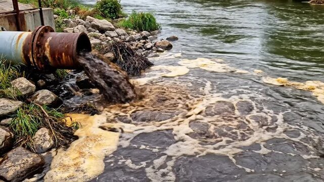 Polluted industrial waste water flows from a rusty pipe into a river causing environmental contamination