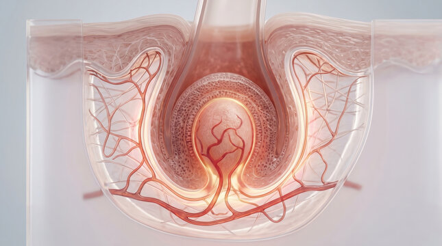 Hair follicle anatomy cross section showing skin layers and blood vessels in detailed medical illustration with soft lighting and translucent effect