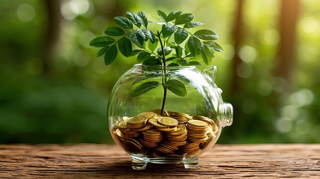 Glass piggy bank with a small tree growing on it filled with coins in a lush natural environment
