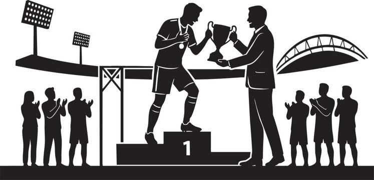 Football player receiving trophy on podium