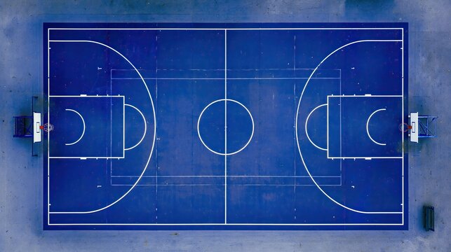 Overhead View of an Empty Basketball Court with Unique Blue Surface Design
