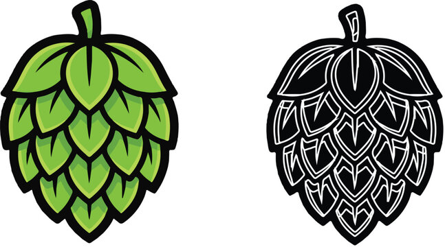 Stylized hop cones vector icons, green hop flower illustration for brewery branding, black and white hop cone line art for craft beer labels