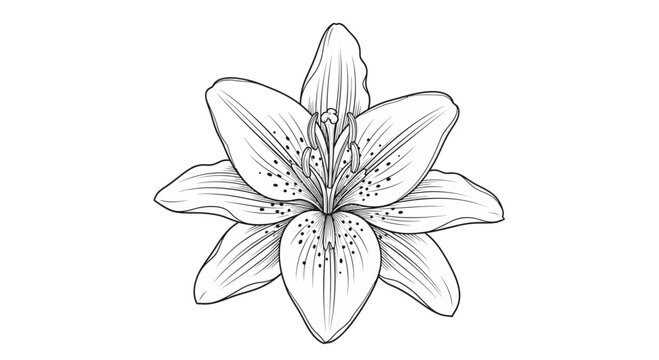 Detailed black and white lily flower line drawing.