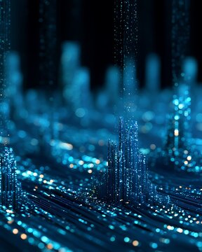Futuristic AI finance automation landscape, glowing blue data blocks rising from flowing digital grid