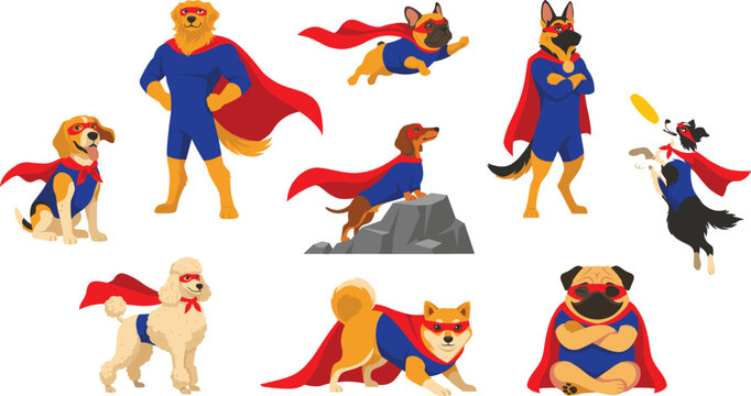 Powerful Superhero Dog Breeds Vector Character Set Wearing Red Capes and Blue Suits Featuring Golden Retriever German Shepherd Corgi Pug and Border Collie