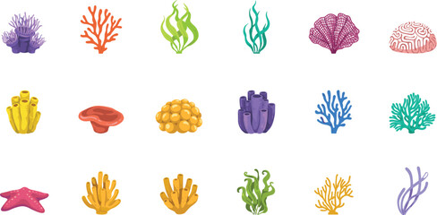 Vibrant Underwater Coral Reef Elements Vector Set with Sea Anemone Sponge Starfish Seaweed and Aquatic Ocean Flora Icons © MstAkhlima