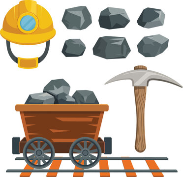 Mining helmet coal rocks cart pickaxe and railroad on transparent background.