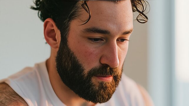 Man with beard and curly hair wearing a sleeveless shirt, focused expression while exercising in a bright home gym with natural light streaming through windows