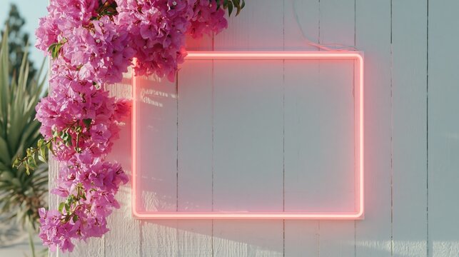 Glowing neon pink rectangular frame illuminated against a white wall adorned with vibrant bougainvillea flowers in a sunny outdoor setting