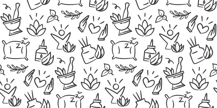 Wellness doodle background. Mindfulness pattern background. Healthcare and spa seamless pattern. Mental health hand drawn element with medicine, spa, lifestyle, lotus, health, peace mind.