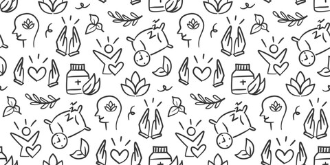 Obraz premium Wellness doodle background. Mindfulness pattern background. Healthcare and spa seamless pattern. Mental health hand drawn element with medicine, spa, lifestyle, lotus, health, peace mind.