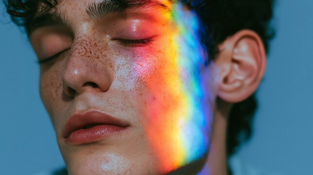 Male model with closed eyes and rainbow light refracting on his face, showcasing freckles and smooth skin against a blue background