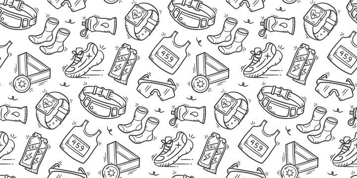 Running sport kit doodle background. Marathon equipment pattern background. Cute runner seamless pattern. Jogging hand drawn seamless pattern with shoes, socks, medal, bottle, energy gell.