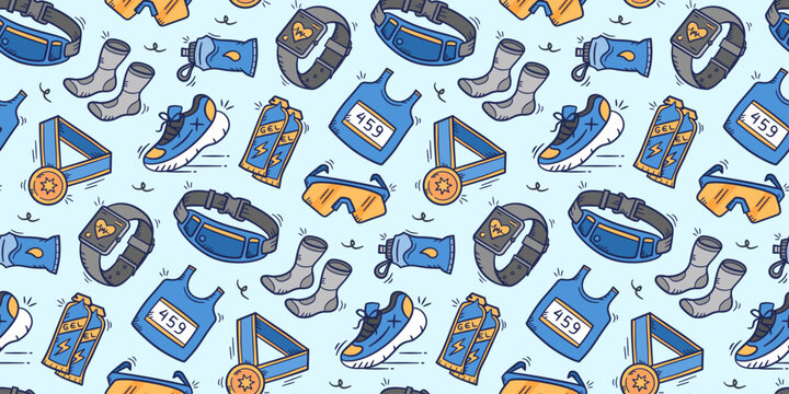Running sport kit doodle background. Marathon equipment pattern background. Cute runner seamless pattern. Jogging hand drawn seamless pattern with shoes, socks, medal, bottle, energy gell.