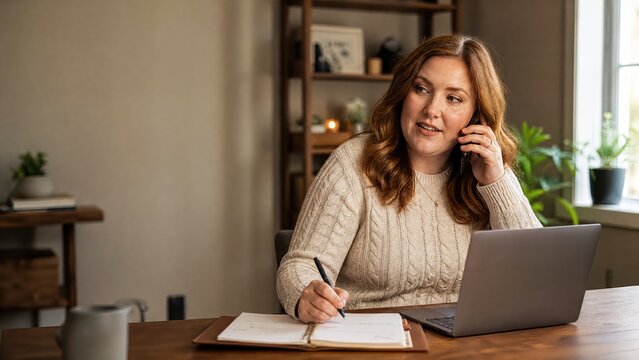 Generative AI, Woman writing notes during phone call at desk