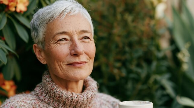 Retired Caucasian woman enjoying a warm beverage while sitting outdoors surrounded by lush greenery and colorful flowers on her first day of retirement