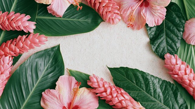 Tropical botanical frame featuring vibrant pink hibiscus flowers and lush green banana leaves arranged on a light textured background for decorative purposes