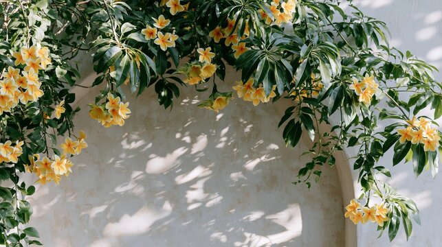 Arch frame adorned with vibrant tropical greenery and yellow flowers, casting intricate shadows against a textured light-colored wall in a serene setting
