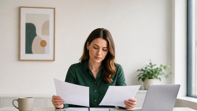 Generative AI, Woman reviewing documents with concerned expression
