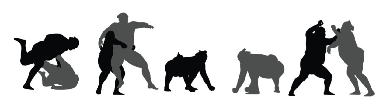Japanese sumo wrestler silhouettes vector set featuring heavy traditional athletes in various fighting, wrestling, and training poses isolated on a white background