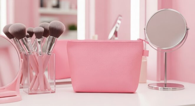 A chic pink cosmetic pouch with makeup brushes sits on a vanity table, showcasing beauty essentials for organization and style