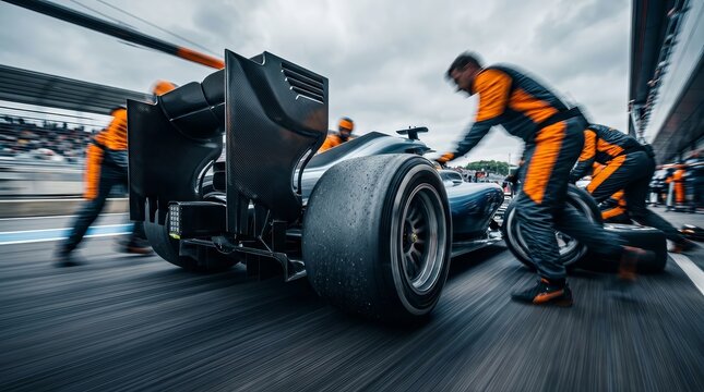 Fast formula one car and pit crew performing a pit stop with dynamic motion blur.