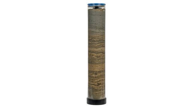 A cylindrical geological core sample in a clear plastic tube, showing layers of sedimentary rock and soil, isolated on a white background